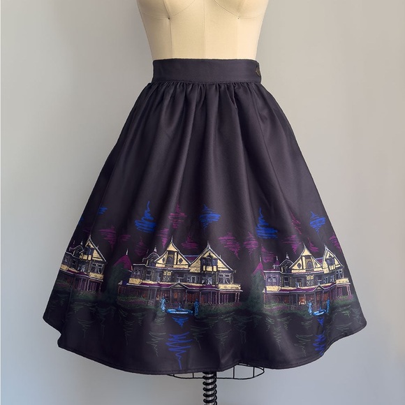 NWT WINCHESTER MYSTERY HOUSE® NOVELTY BLACK PRINT CIRCLE SKIRT - Picture 6 of 9